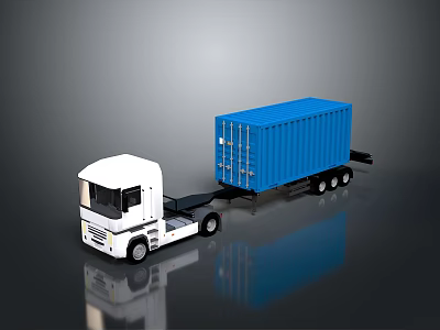 Modern White Cab Truck With Blue Container Trailer On Reflective Surface 3d model