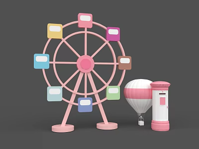 Colorful Ferris Wheel With Colored Cabins Hot Air Balloon And Ticket Booth Toy Set 3d model