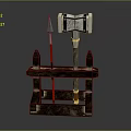 Medieval Wooden Rack With Red Shaft Spear Metal Axe And Hammer Tools