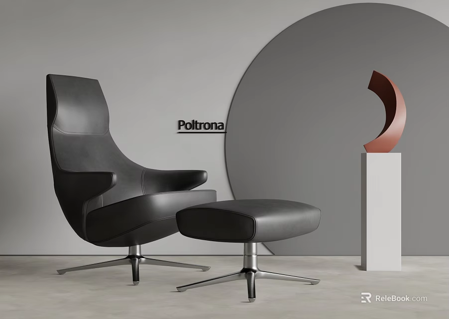 Modern Black Leather Leisure Chair With Ottoman Metal Legs Gray Wall Circular Decor Red Sculpture 3d model 