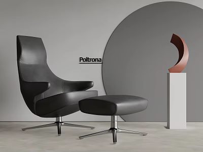 Modern Black Leather Leisure Chair With Ottoman Metal Legs Gray Wall Circular Decor Red Sculpture 3d model