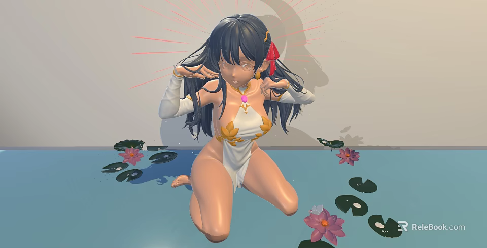 Beautiful Woman With Long Black Hair And Red Accessory Kneeling In Water With Lotus Flowers 3d model 