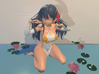 Beautiful Woman With Long Black Hair And Red Accessory Kneeling In Water With Lotus Flowers 3d model