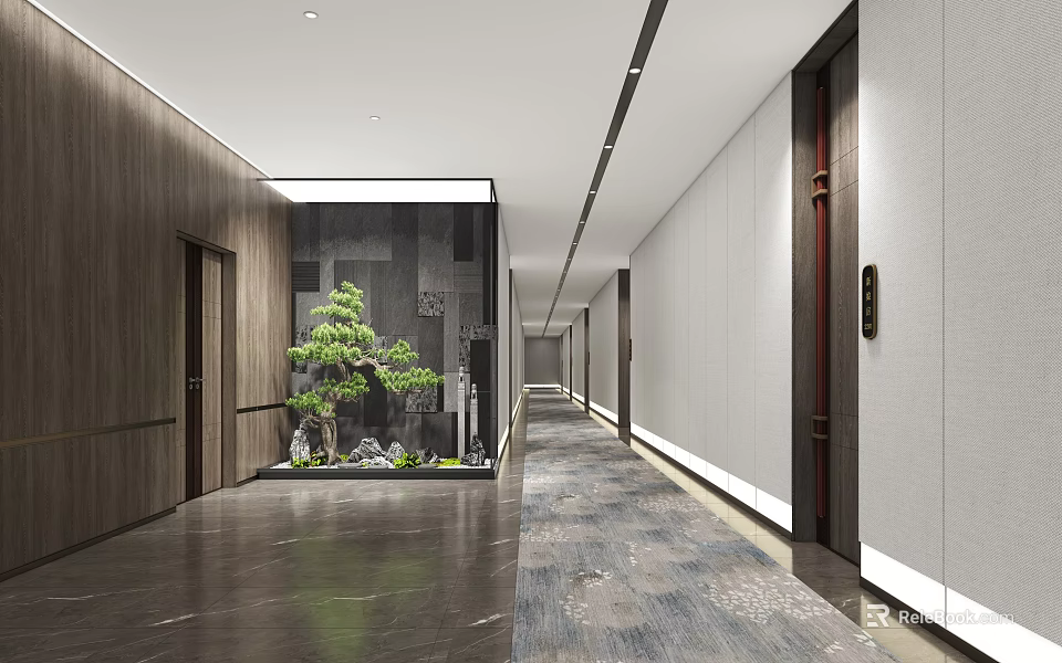 Modern Hotel Corridor Interior Design With Wooden Accents Gray Walls And Green Plants 3d model 