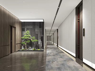 Modern Hotel Corridor Interior Design With Wooden Accents Gray Walls And Green Plants 3d model