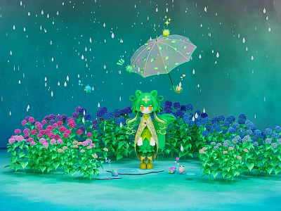 Cartoon Scene of Green Haired Character Holding Decorated Umbrella in Colorful Flower Bushes with Raindrops 3d model