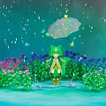 Cartoon Scene of Green Haired Character Holding Decorated Umbrella in Colorful Flower Bushes with Raindrops