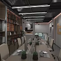 Modern Office Interior With Open Layout Wooden Shelves Desk Chairs And Decorative Art