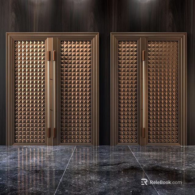 Double Doors With Copper Colored Diamond Pattern Textured Surface And Dark Frame In Modern Interior 3d model 