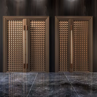 Double Doors With Copper Colored Diamond Pattern Textured Surface And Dark Frame In Modern Interior 3d model