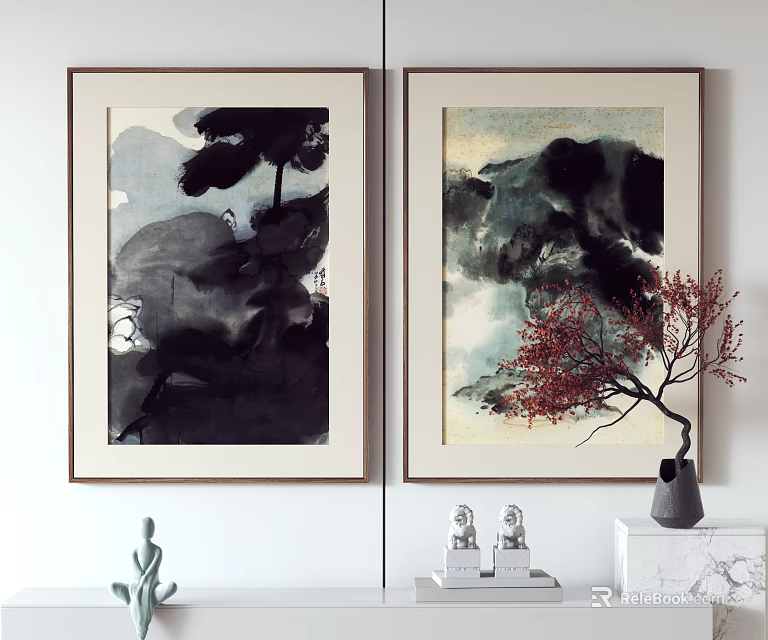 Chinese Ink Paintings On White Wall With Red Branches Vase And Small Statues 3d model 