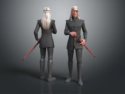 Character With White Long Hair Dark Uniform Belt And Red Staff Front Back Standing Views 3d model