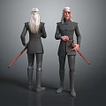 Character With White Long Hair Dark Uniform Belt And Red Staff Front Back Standing Views