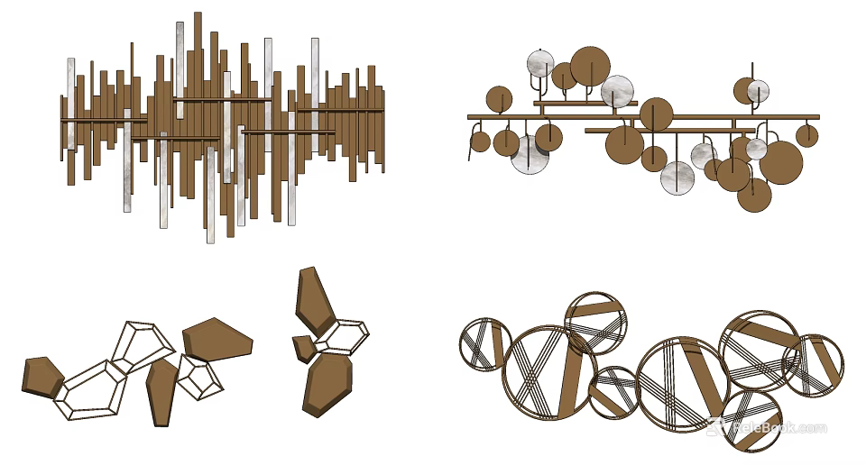 Modern Geometric Wall Decor With Hanging Circles Polygons And Striped Patterns 3d model