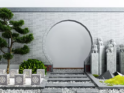 Traditional Chinese Memorial Archway With Round Arch Gray Brickwork Stone Lions Pine Tree And Stools 3d model