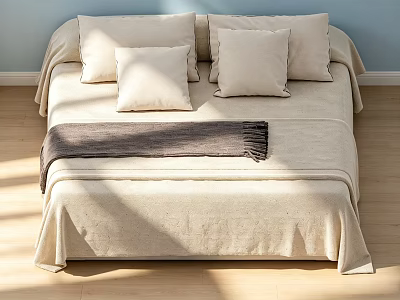 Cozy Double Bed With Beige Bedspread Pillows Gray Blanket Light Blue Wall And Wooden Floor 3d model