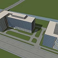 Two Modern Office Buildings With Glass Curtain Walls And Green Landscape