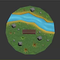 Miniature Landscape Scene With Green Grass Blue River Stones Flowers And Bench