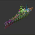 Detailed Battleship 3D Model With Gray Hull Red Bottom And Deck Turrets 3d model