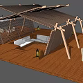 Outdoor Wooden Pergola With Sofa Lanterns And White Umbrellas On Wooden Floor