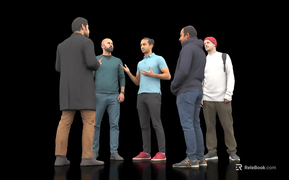 Five Men Casually Standing And Talking Together Against Black Background 3d model 