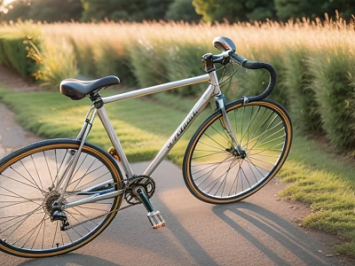 Silver Road Bicycle Parked On Paved Path With Grassy Fields And Sunset Shadows 3d model
