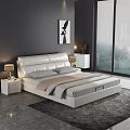 Modern White Leather Double Bed With Headboard Bedside Tables Table Lamps And Gray Marble Floor