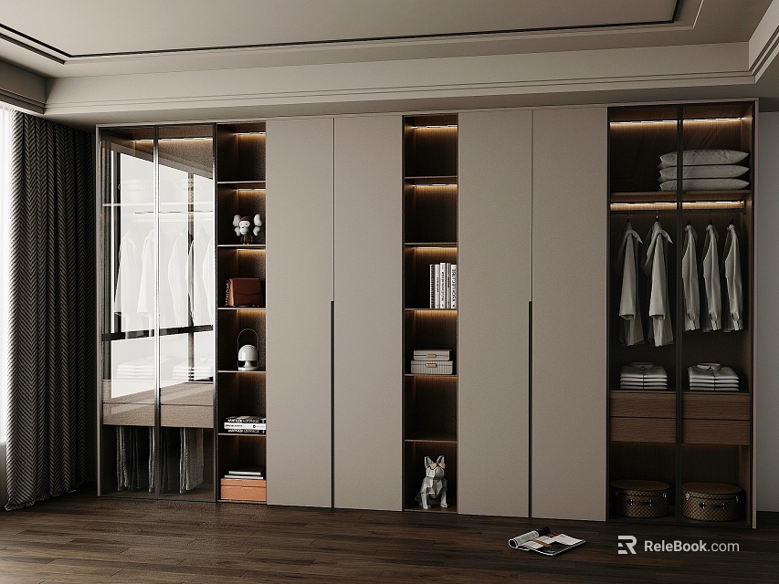 Modern Wardrobe Interior Design With Glass Door Built-in Lighting Storage Shelves And Hanging Rods 3d model 