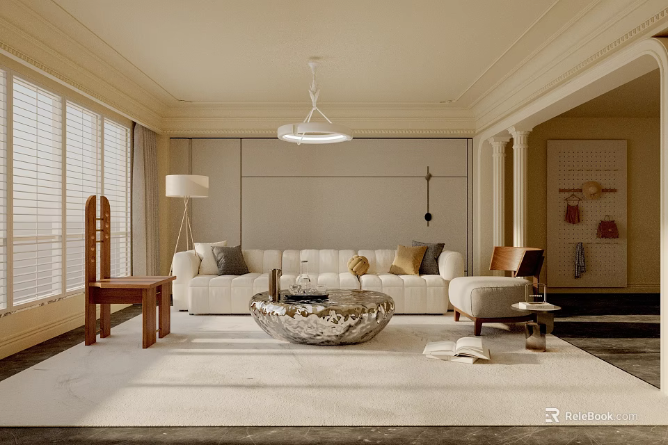 Modern Living Room Interior Design With White Sofa Round Silver Coffee Table And Wooden Chairs 3d model 