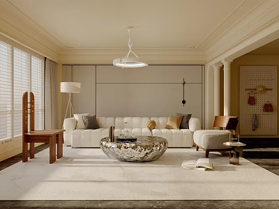 Modern Living Room Interior Design With White Sofa Round Silver Coffee Table And Wooden Chairs 3d model