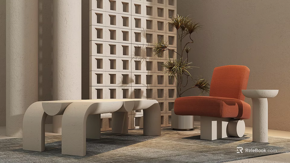 Modern Style Dining Table With Orange Chair Geometric Screen And Plant On Rug 3d model 