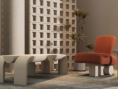 Modern Style Dining Table With Orange Chair Geometric Screen And Plant On Rug 3d model