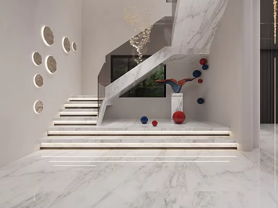 Modern Staircase Entrance With Marble Steps Circular Wall Decor Lighting Marble Flooring And Ornaments 3d model