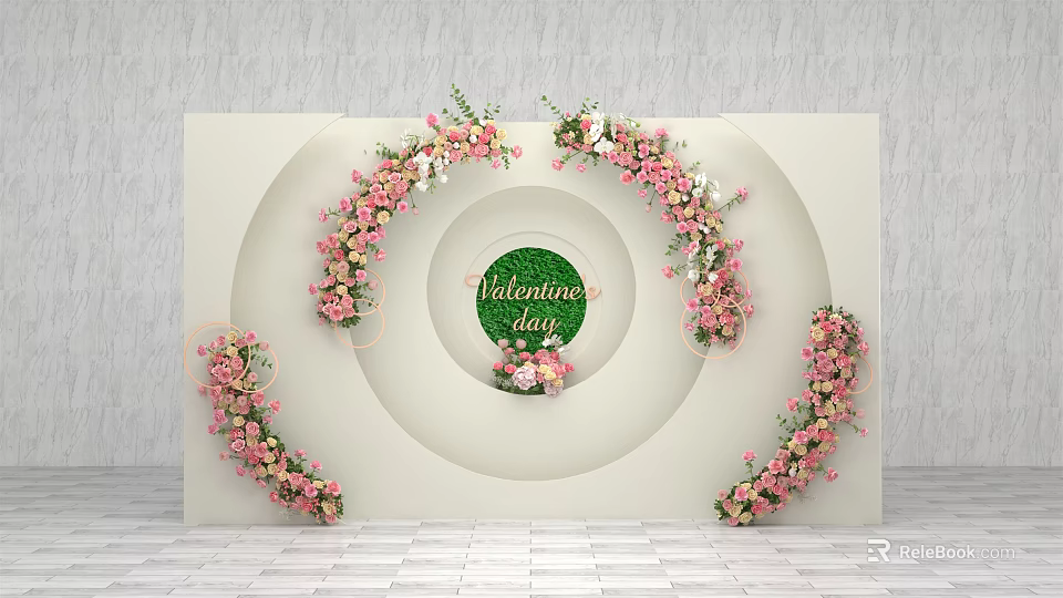 Valentine's Day Floral Decoration with Circular Design Pink White Flowers on White Background 3d model 