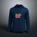 Dark Blue Hooded Sweatshirt With Colorful Graphic Design For Casual Daily Use