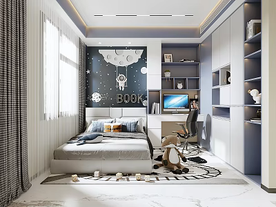 Modern Kids Room Design With Bed Desk Bookshelf And Space Themed Wall Decor 3d model