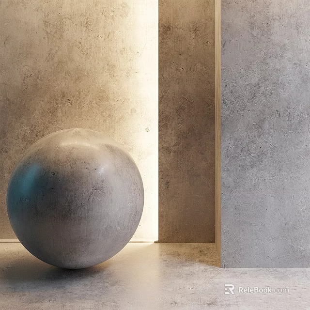 Concrete Sphere Component in Corner with Rough Textured Walls Under Soft Lighting 3d model 