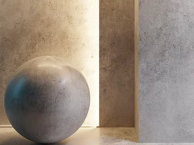 Concrete Sphere Component in Corner with Rough Textured Walls Under Soft Lighting 3d model