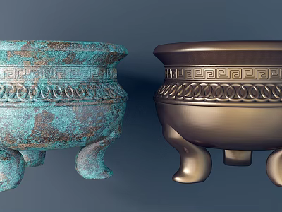 Carved Bronze Sculptures With Green Patina And Gold Finish Intricate Patterns Tripod Base 3d model