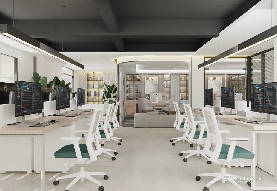Modern Public Office Space With Open Layout Desks Computers And Green Cushioned Chairs 3d model