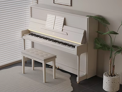 White Piano With Music Sheets And Bench In Room With Blinds And Green Plant 3d model