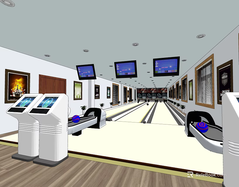 Well Equipped Bowling Alley Sports Center With Lanes Screens Wall Paintings And Wooden Floors 3d model 