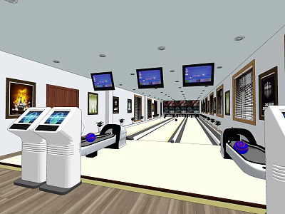 Well Equipped Bowling Alley Sports Center With Lanes Screens Wall Paintings And Wooden Floors 3d model