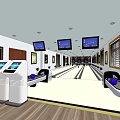 Well Equipped Bowling Alley Sports Center With Lanes Screens Wall Paintings And Wooden Floors