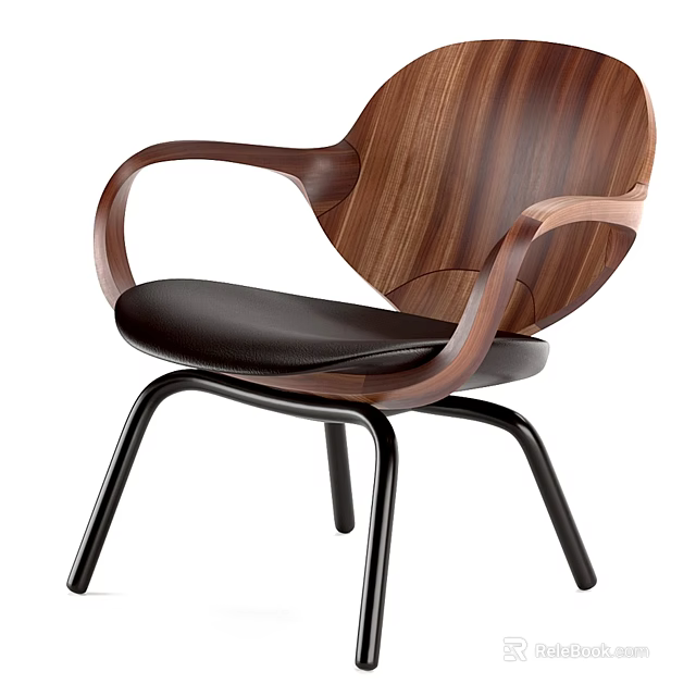 Modern Leisure Chair With Wooden Backrest Leather Seat And Black Metal Legs 3d model 