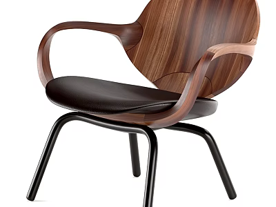 Modern Leisure Chair With Wooden Backrest Leather Seat And Black Metal Legs 3d model