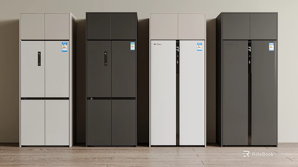 Multiple Modern Standing Refrigerators In Different Colors With Wooden Floor Interior 3d model 