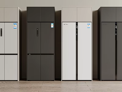 Multiple Modern Standing Refrigerators In Different Colors With Wooden Floor Interior 3d model