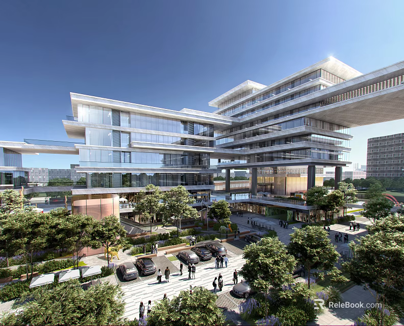 Modern Office Building Featuring Glass Curtain Wall Multi storey Design With Greenery Trees Pedestrians And Parking 3d model 