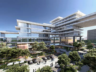 Modern Office Building Featuring Glass Curtain Wall Multi storey Design With Greenery Trees Pedestrians And Parking 3d model